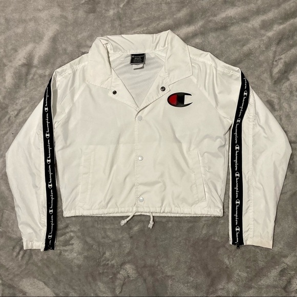 Champion White & Black Life Zipper Tape Cropped Coaches Jacket Size Medium - Picture 6 of 16